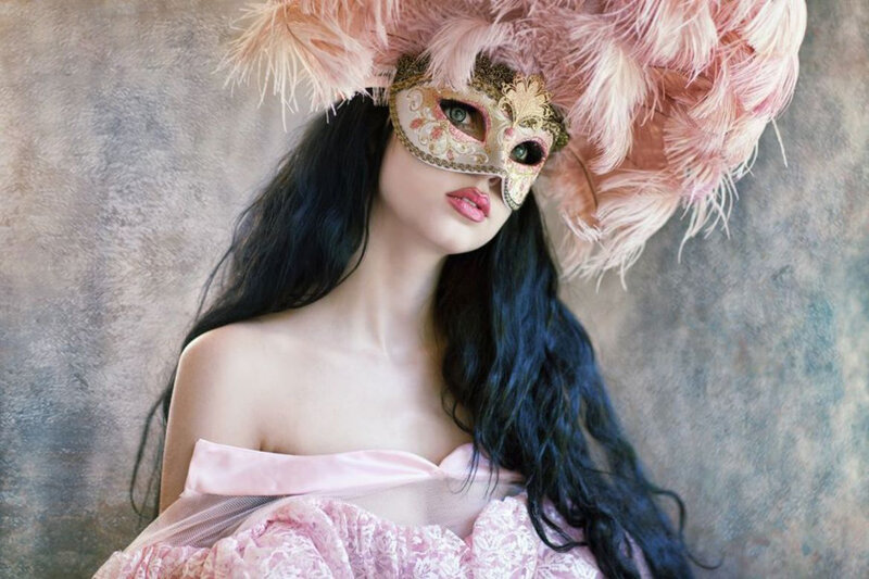 Woman in Feather Mask — Pink, Dramatic
