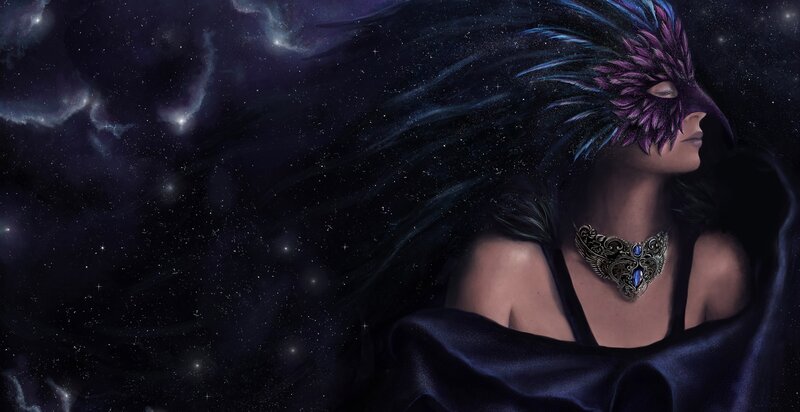 Woman in Feather Mask — Purple, Dramatic, Night