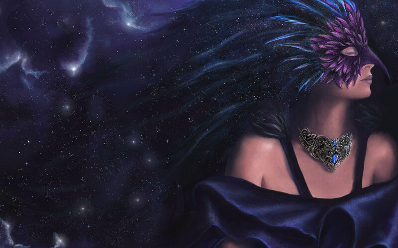 Woman in Feather Mask — Purple, Dramatic