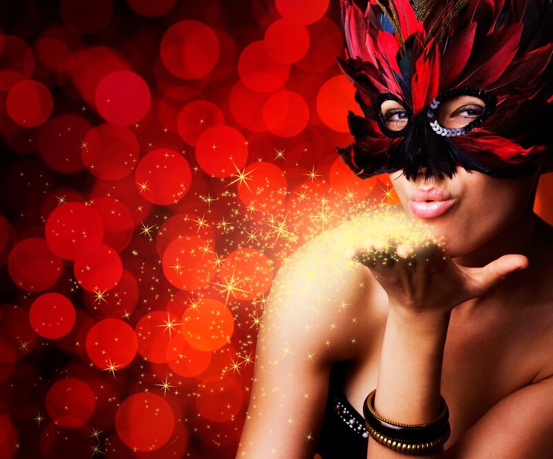 Woman in Feather Mask — Red, Dramatic