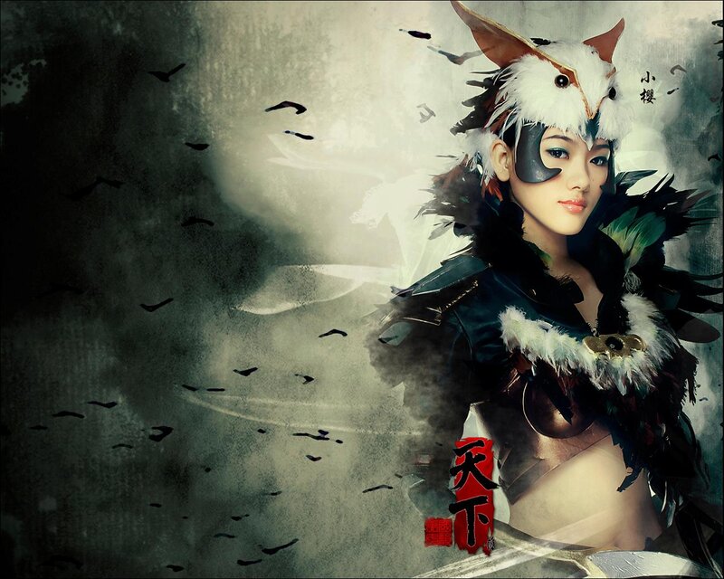 Woman in Feathered Costume — Black, Dramatic, Digital Art