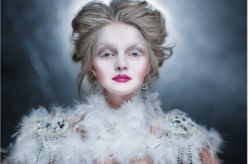Woman in Feathered Costume — White, Dramatic, Photograph, Feather Boa