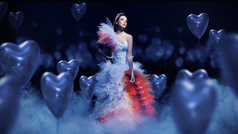 Woman in Feathered Dress — Blue, Dramatic, Night