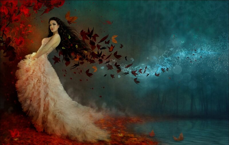Woman in Feathered Dress — Red