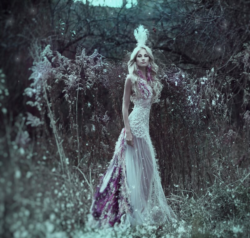 Woman in Feathered Gown — White