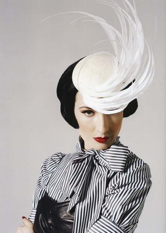 Woman in Feathered Hat — Black, Dramatic, Photograph, Feathered Hat, Striped Shirt