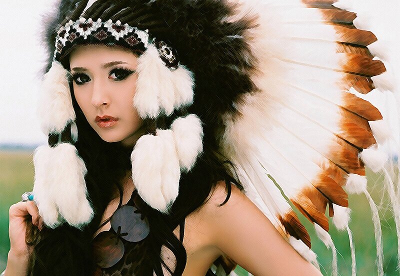 woman in feathered headdress