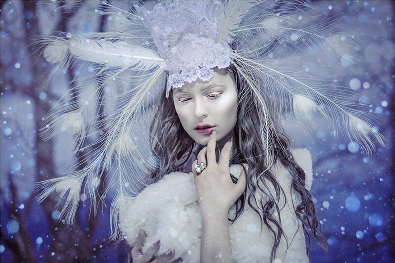 Woman in Feathered Headdress — Blue, Dreamy, Winter