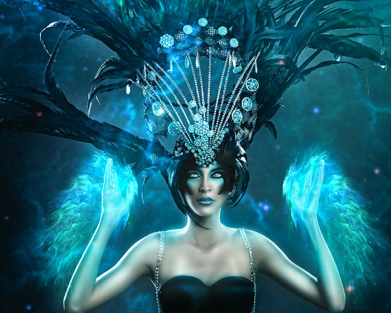 Woman in Feathered Headdress — Blue