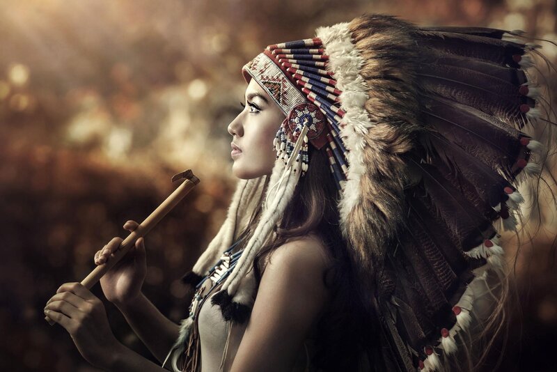 Woman in Feathered Headdress — Brown, Dramatic
