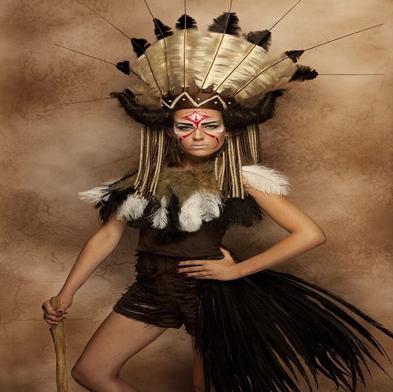 Woman in Feathered Headdress — Brown