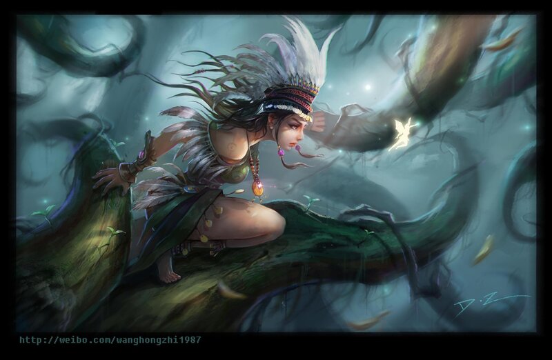 Woman in Feathered Headdress — Green, Mystical