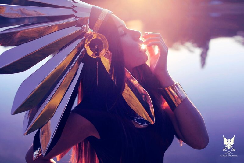 Woman in Feathered Headdress — Purple, Dramatic