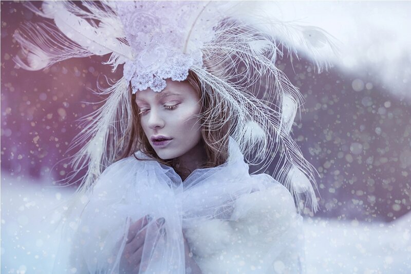 Woman in Feathered Headdress — White, Ethereal, Winter