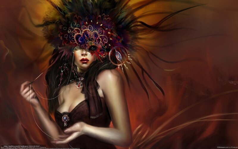Woman in Feathered Mask — Brown, Dramatic, Digital Art, Feathers, Dress