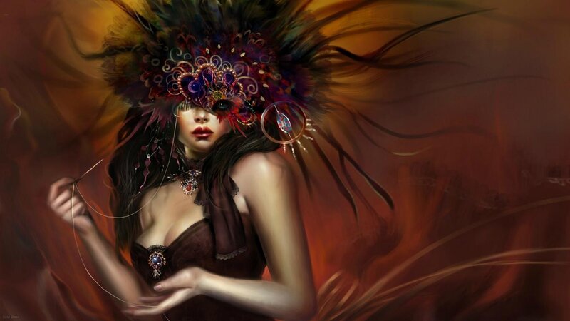Woman in Feathered Mask — Brown, Dramatic, Digital Art, Feathers