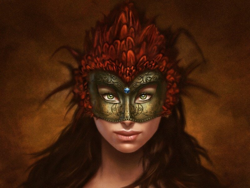 Woman in Feathered Mask — Brown, Dramatic, Digital Art