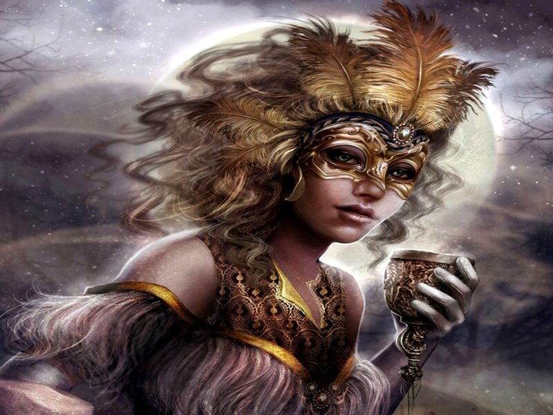 Woman in Feathered Mask — Brown