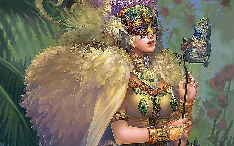Woman in Feathered Mask — Gold, Dramatic, Digital Art