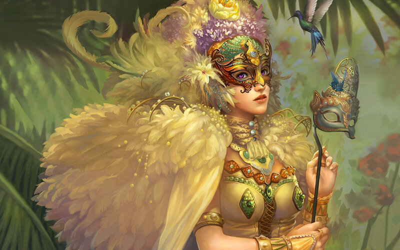 Woman in Feathered Mask — Gold, Dramatic