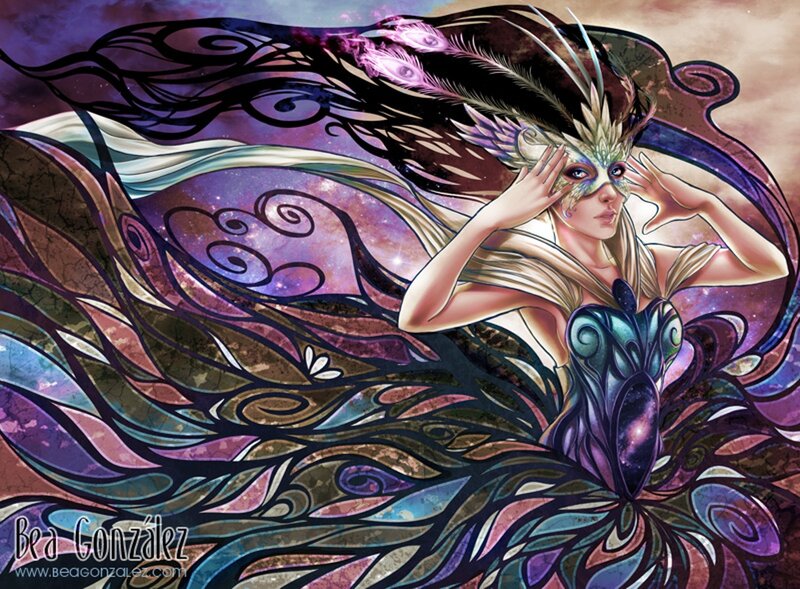 Woman in Feathered Mask — Purple, Dramatic, Digital Art