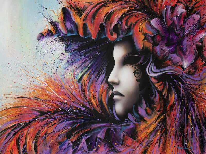Woman in Feathered Mask — Purple, Dramatic