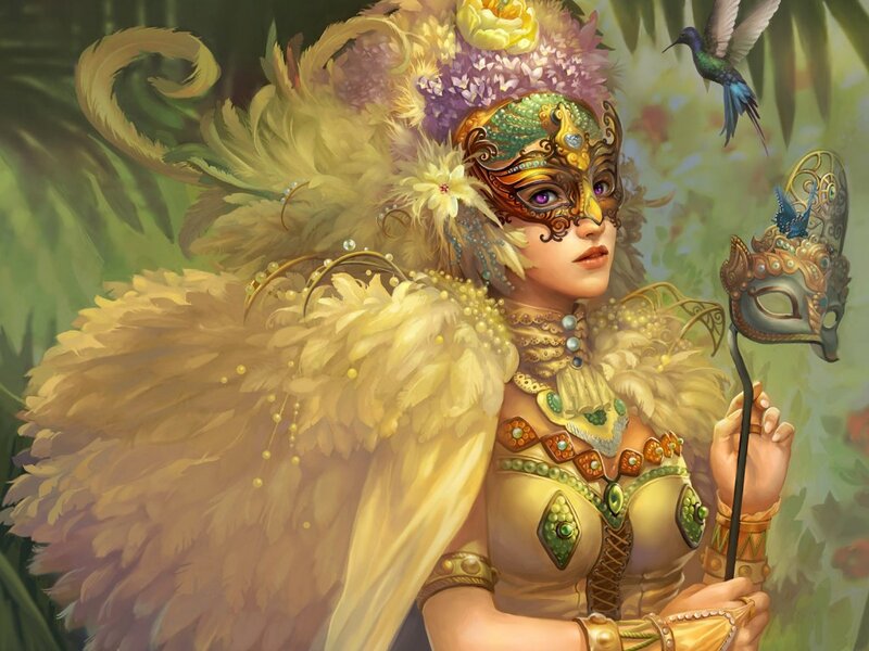 Woman in Feathered Mask — Yellow, Dramatic, Digital Art