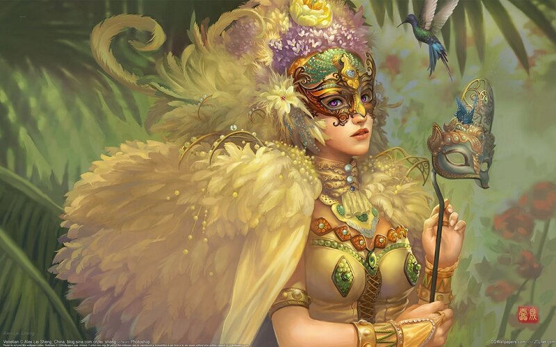 Woman in Feathered Mask — Yellow, Serene