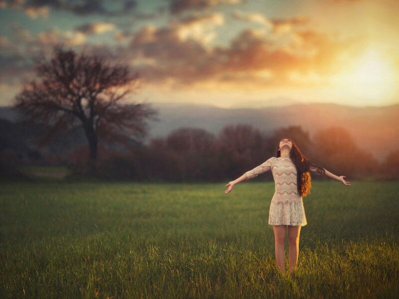 Woman in Field at Sunset — Green, Serene, Photograph, Tree
