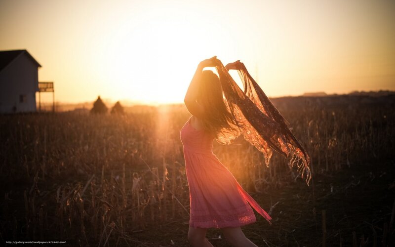 Woman in Field at Sunset — Orange, Serene, Photograph, House