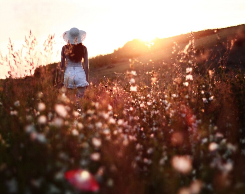 Woman in Field at Sunset — Orange, Serene, Photograph