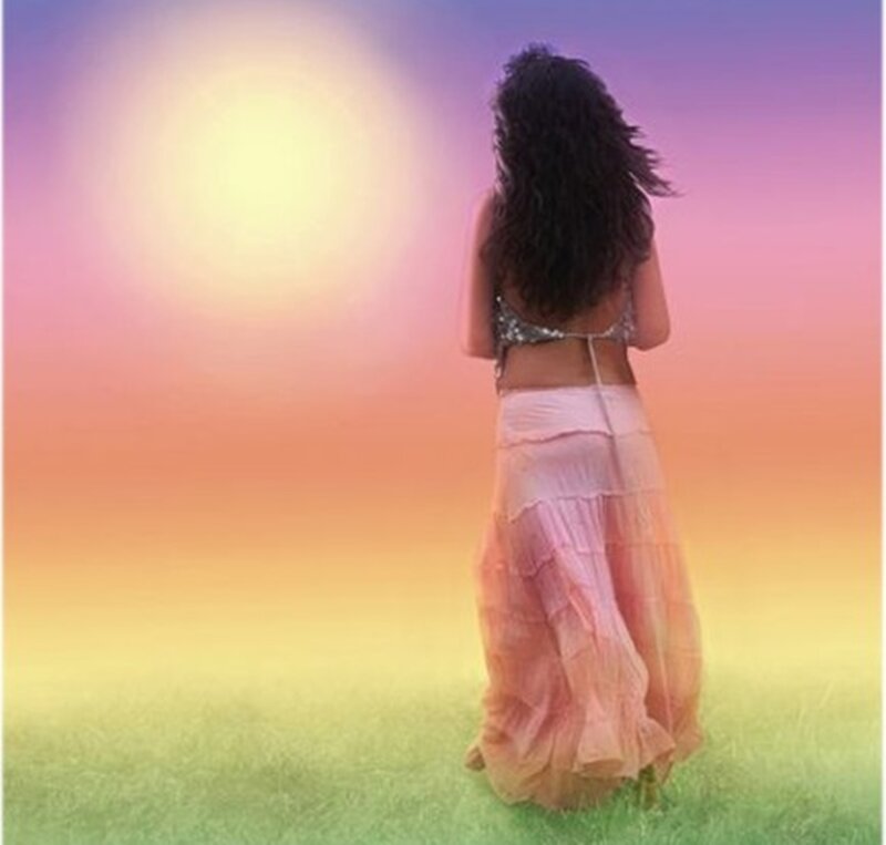 Woman in Field at Sunset — Pink