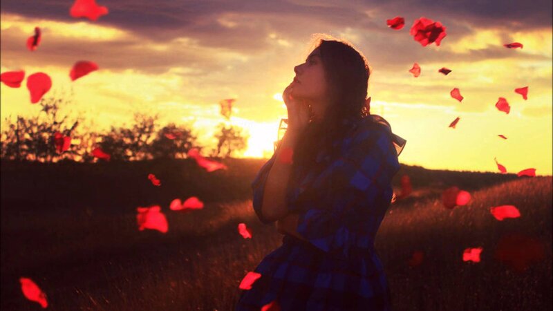 Woman in Field at Sunset — Red, Dramatic