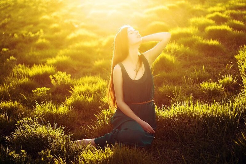Woman in Field at Sunset — Yellow