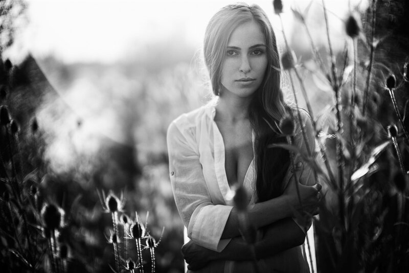 Woman in Field — Black, Dramatic, Sunset