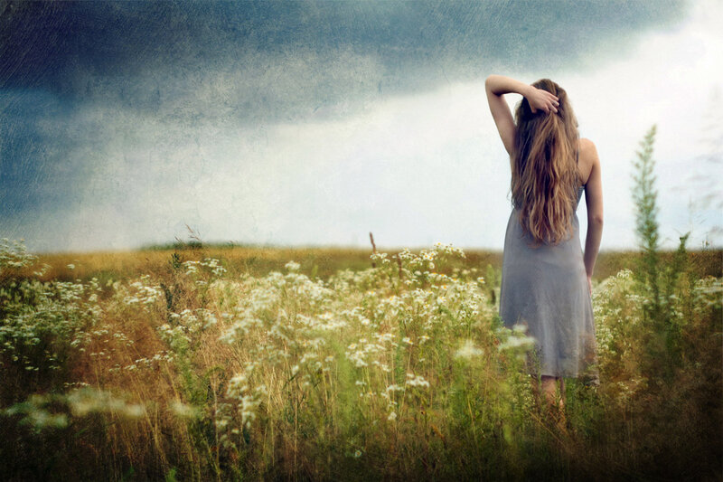 Woman in Field — Blue, Dramatic, Photograph