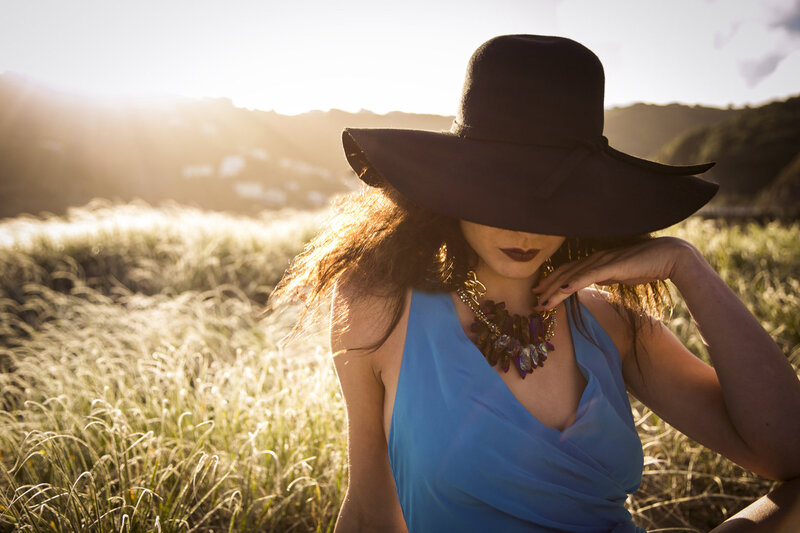 Woman in Field — Blue, Dramatic, Sunset