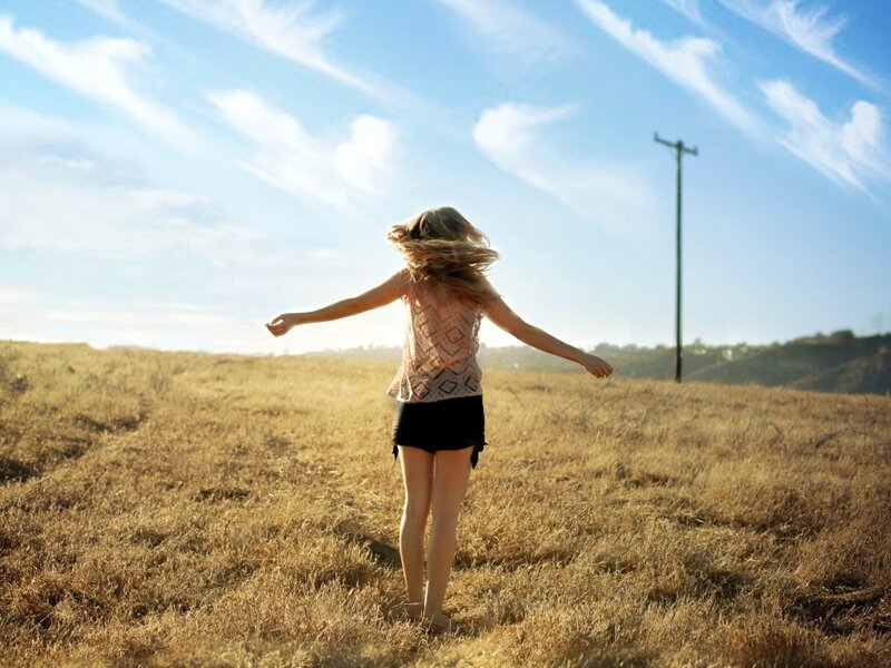 Woman in Field — Blue, Serene, Afternoon, Photograph