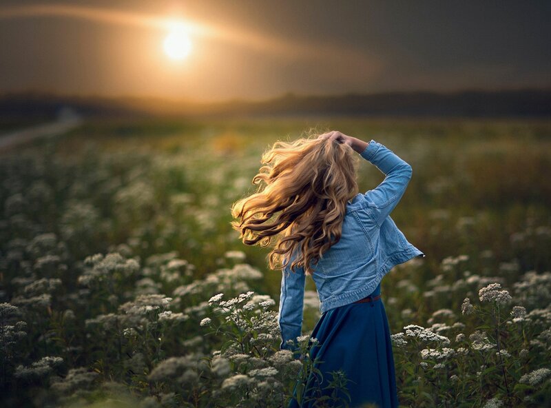 Woman in Field — Blue, Serene, Sunset, Photograph
