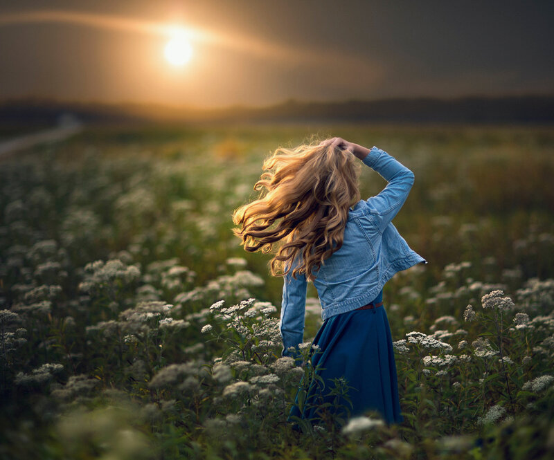 Woman in Field — Blue, Serene, Sunset