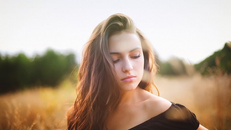 Woman in Field — Brown, Serene, Sunset, Photograph, Trees