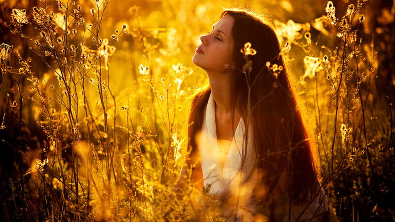 Woman in Field — Gold, Serene, Sunset, Photograph