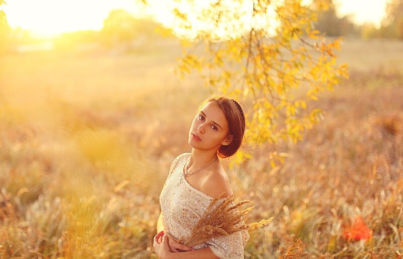 Woman in Field — Gold, Serene, Sunset, Photograph, Wheat