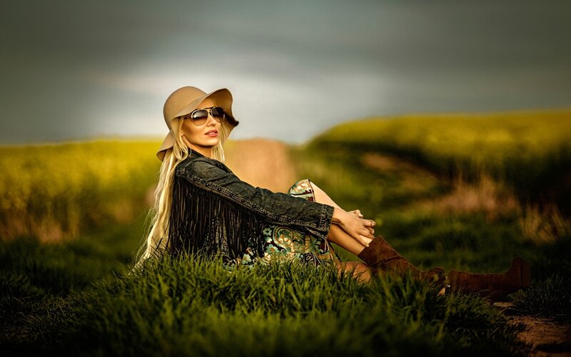 Woman in Field — Green, Dramatic, Afternoon, Photograph, Sunglasses