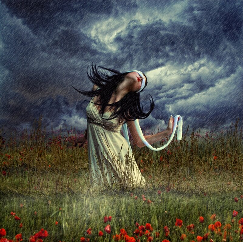 Woman in Field — Green, Dramatic, Digital Art
