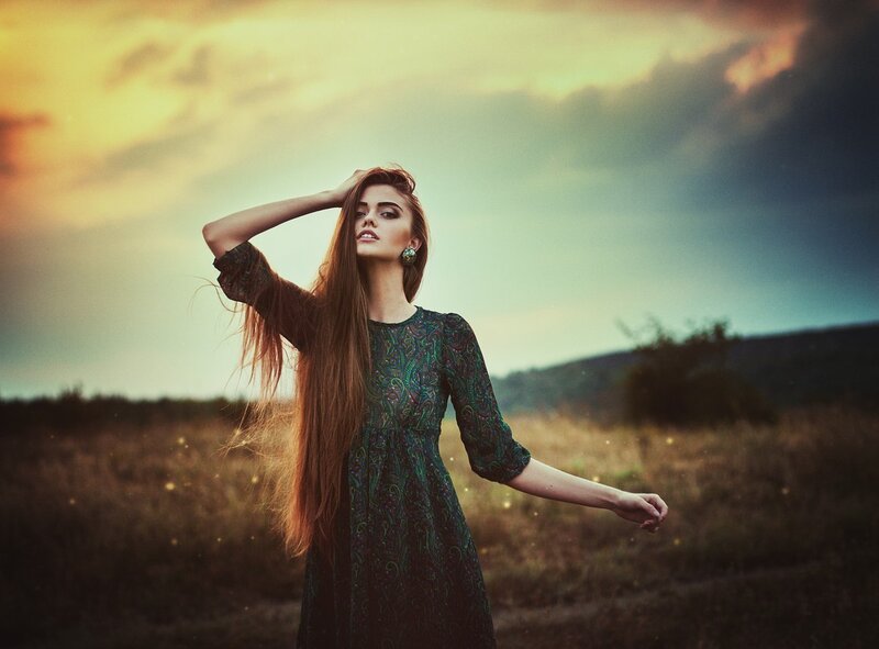 Woman in Field — Green, Dramatic, Sunset