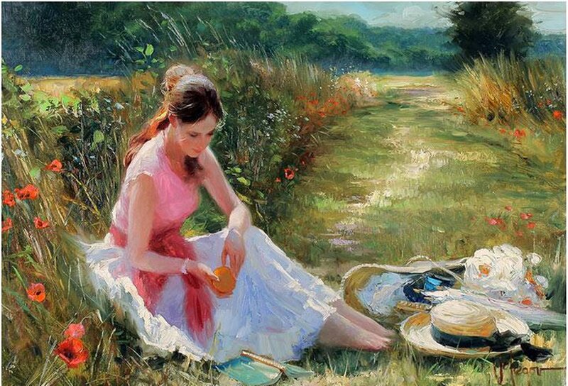 Woman in Field — Green, Serene, Afternoon, Painting