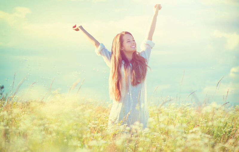 Woman in Field — Green, Serene, Afternoon, Photograph, Bubbles
