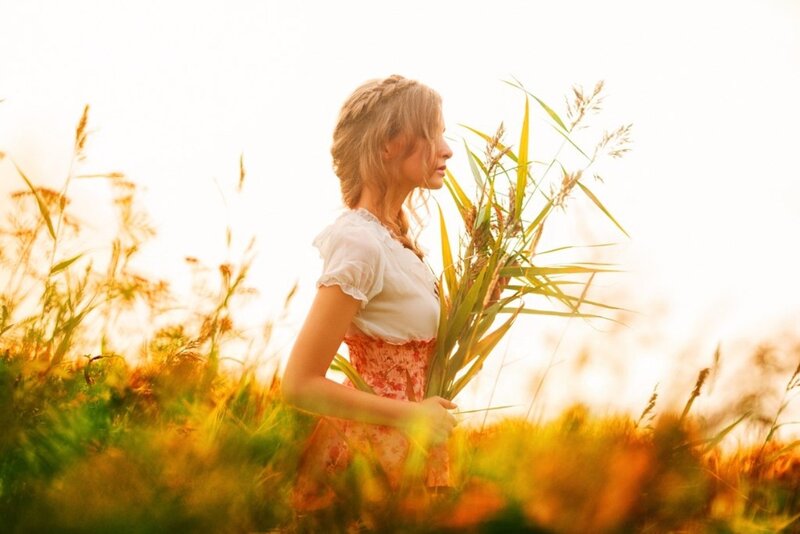Woman in Field — Green, Serene, Sunset, Photograph, Grass