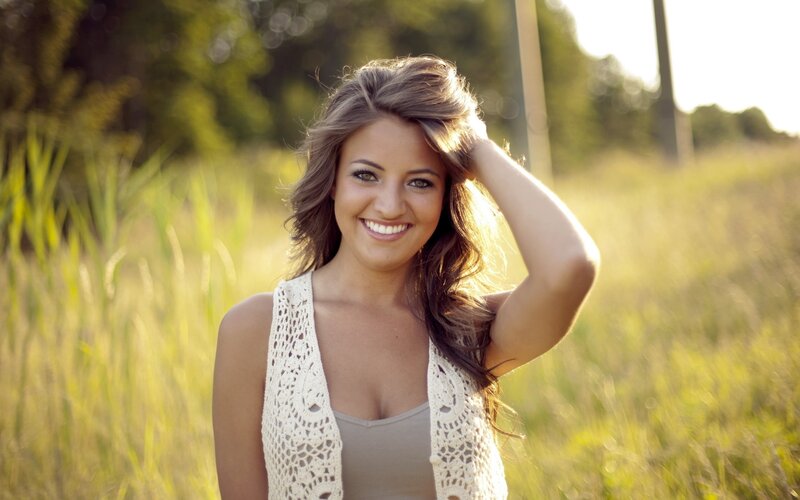 Woman in Field — Green, Serene, Sunset, Photograph, Grass, Trees